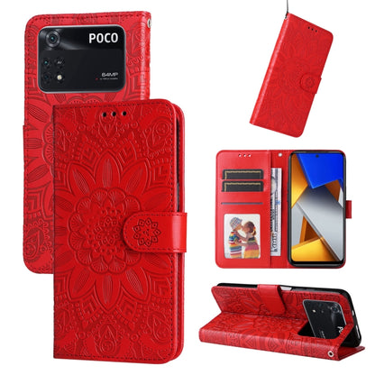 Embossed sunflower leather phone case, red folio with card slots and stand