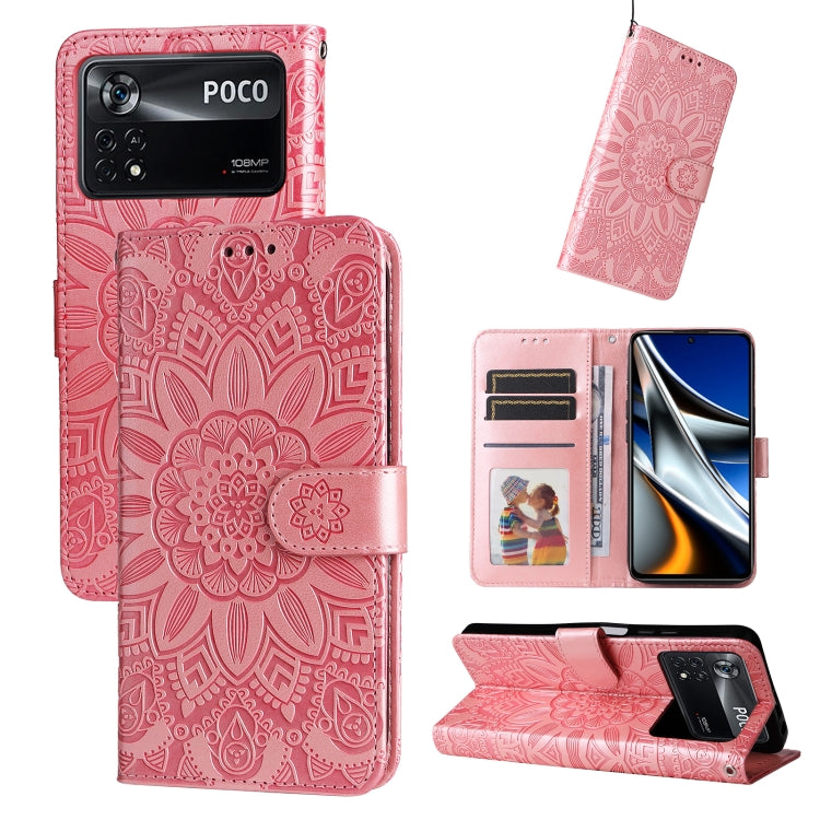Embossed sunflower leather phone case, pink folio with card slots and stand