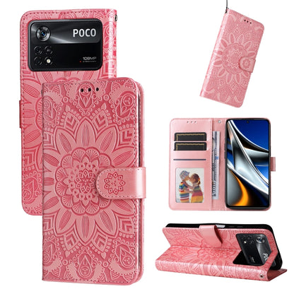 Embossed sunflower leather phone case, pink folio with card slots and stand