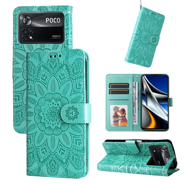 Embossed sunflower leather phone case, turquoise folio with card slots and stand