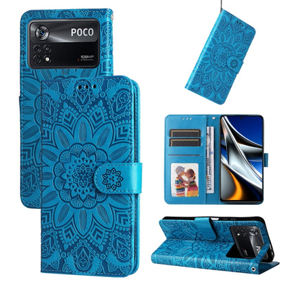 Embossed sunflower leather phone case, blue folio with card slots and stand