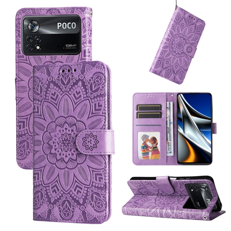 Embossed sunflower leather phone case, purple folio with card slots and stand