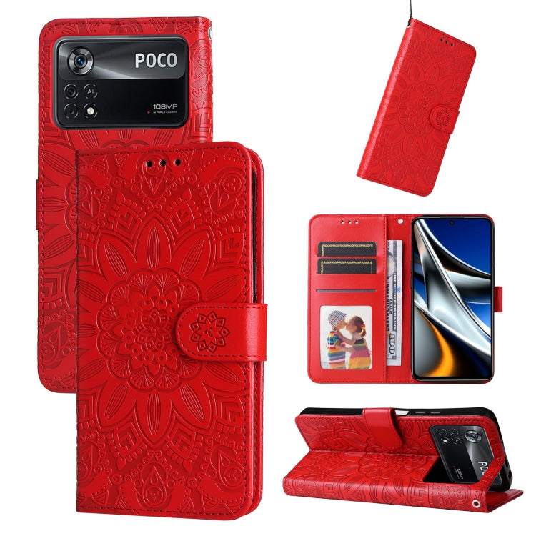Embossed sunflower leather phone case, red folio wallet with card slots and flip stand