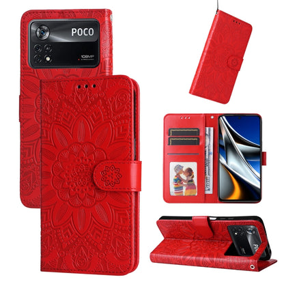 Embossed sunflower leather phone case, red folio wallet with card slots and flip stand