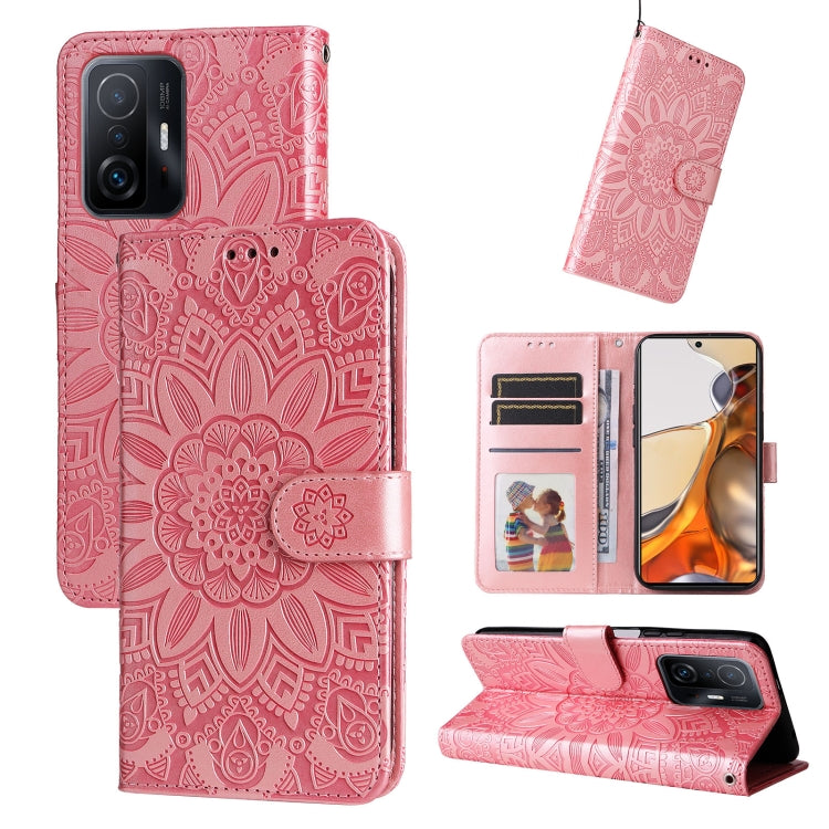 Embossed sunflower leather phone case, pink folio wallet with card slots and flip stand