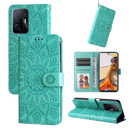 Embossed sunflower leather phone case, turquoise folio wallet with card slots and flip stand