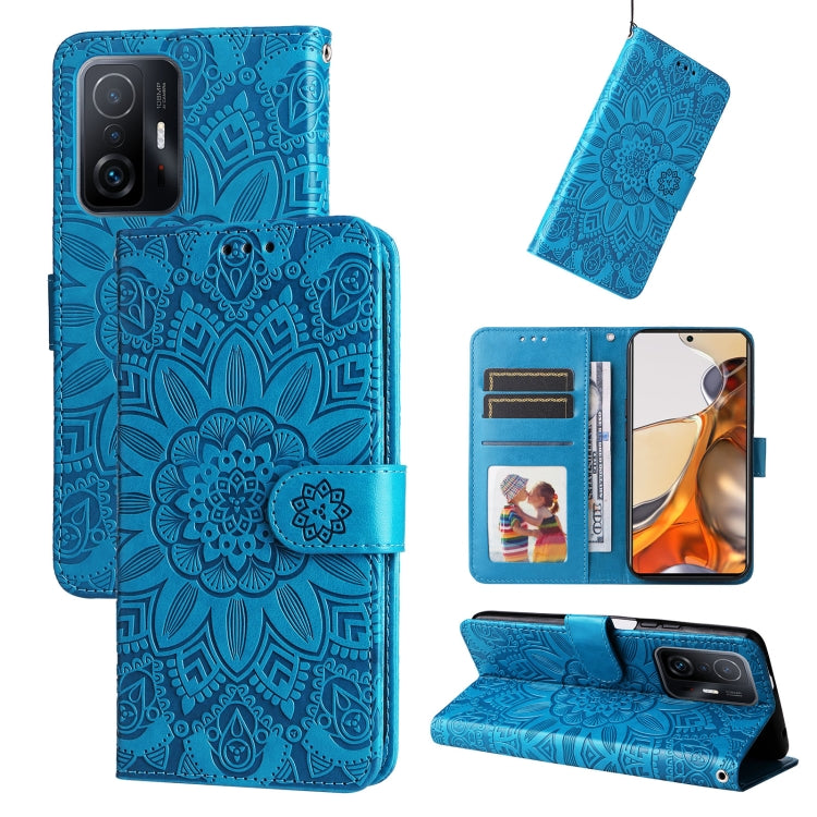 Embossed sunflower leather phone case, blue folio wallet with card slots and flip stand