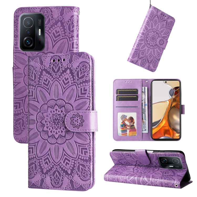 Embossed sunflower leather phone case, purple folio wallet with card slots and flip stand