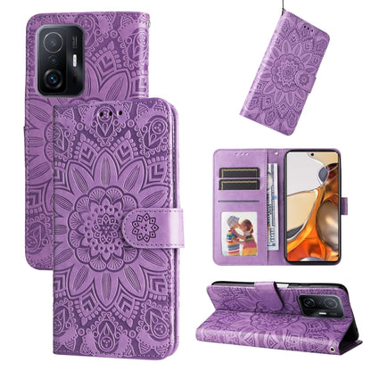 Embossed sunflower leather phone case, purple folio wallet with card slots and flip stand