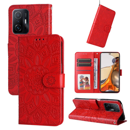 Red embossed sunflower leather wallet phone case with card slots and stand