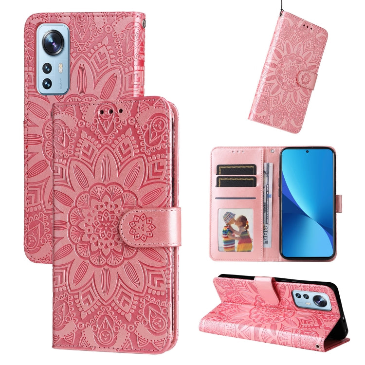 Pink embossed sunflower leather wallet phone case with flip cover and card slots