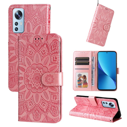 Pink embossed sunflower leather wallet phone case with flip cover and card slots