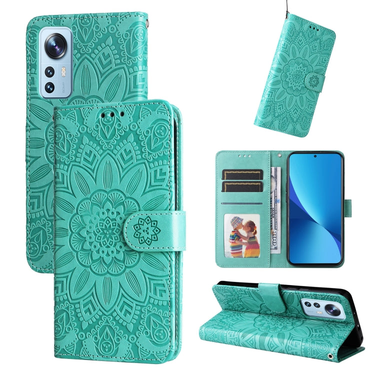 Green embossed sunflower leather wallet phone case with flip cover and card slots