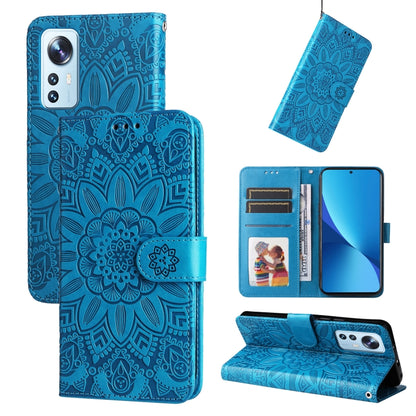 Blue embossed sunflower leather wallet phone case with flip cover and card holder