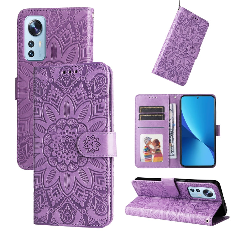 Purple embossed sunflower leather wallet phone case with flip cover and card slots