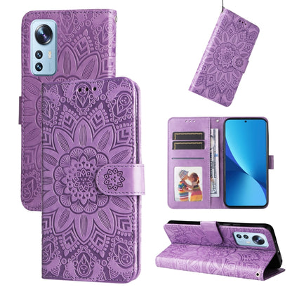 Purple embossed sunflower leather wallet phone case with flip cover and card slots