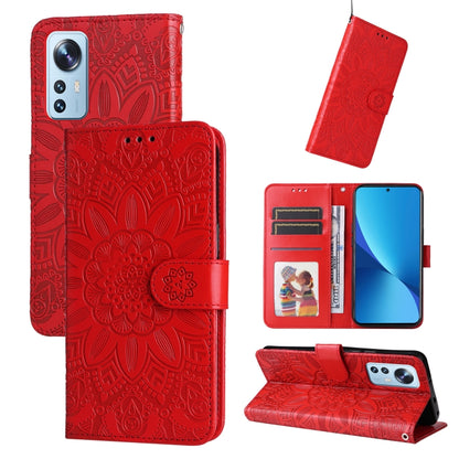 Embossed sunflower leather wallet phone case, red, with card slots and kickstand