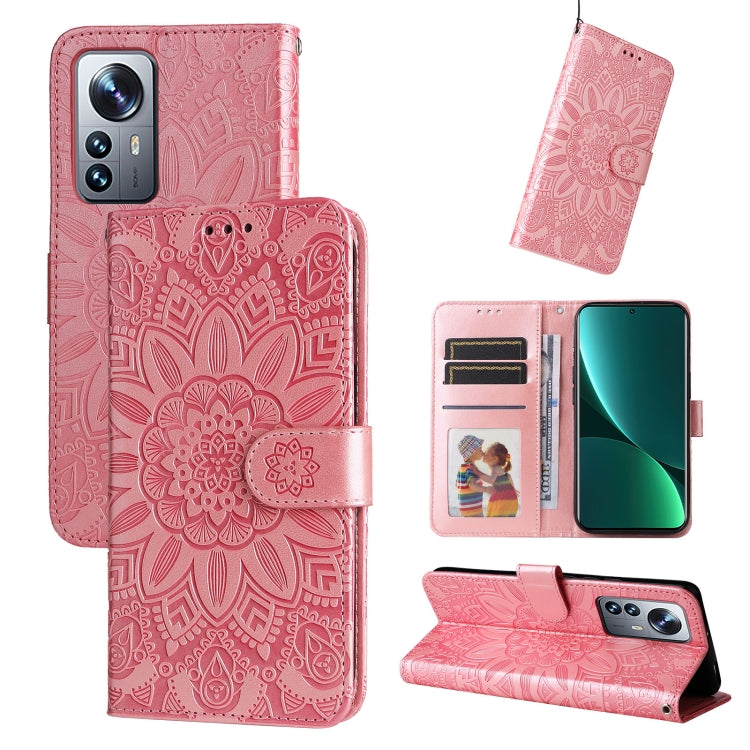 Embossed sunflower leather wallet phone case, pink, with card slots and kickstand