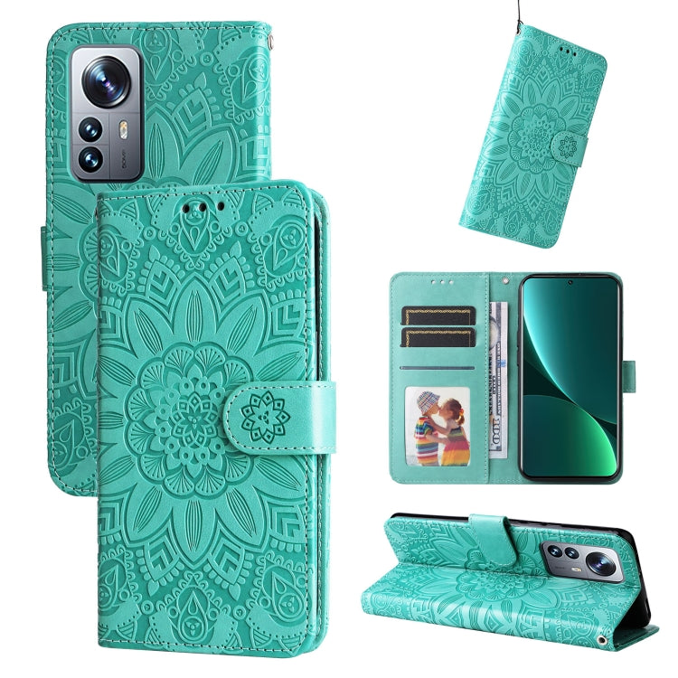 Embossed sunflower leather wallet phone case, green, with card slots and kickstand