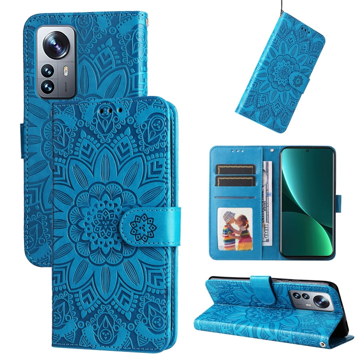 Embossed sunflower leather wallet phone case, blue, with card slots and kickstand
