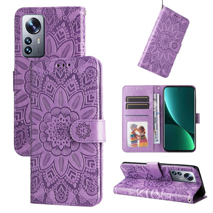 Embossed sunflower leather wallet phone case, purple, with card slots and kickstand