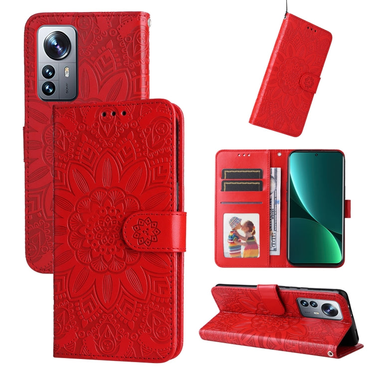 Embossed sunflower leather wallet phone case, red, with card slots and kickstand
