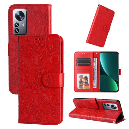 Embossed sunflower leather wallet phone case, red, with card slots and kickstand