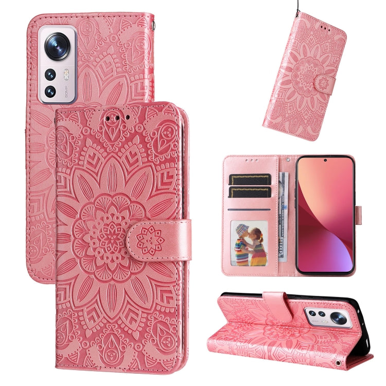 Embossed sunflower leather wallet phone case, pink, with card slots and kickstand