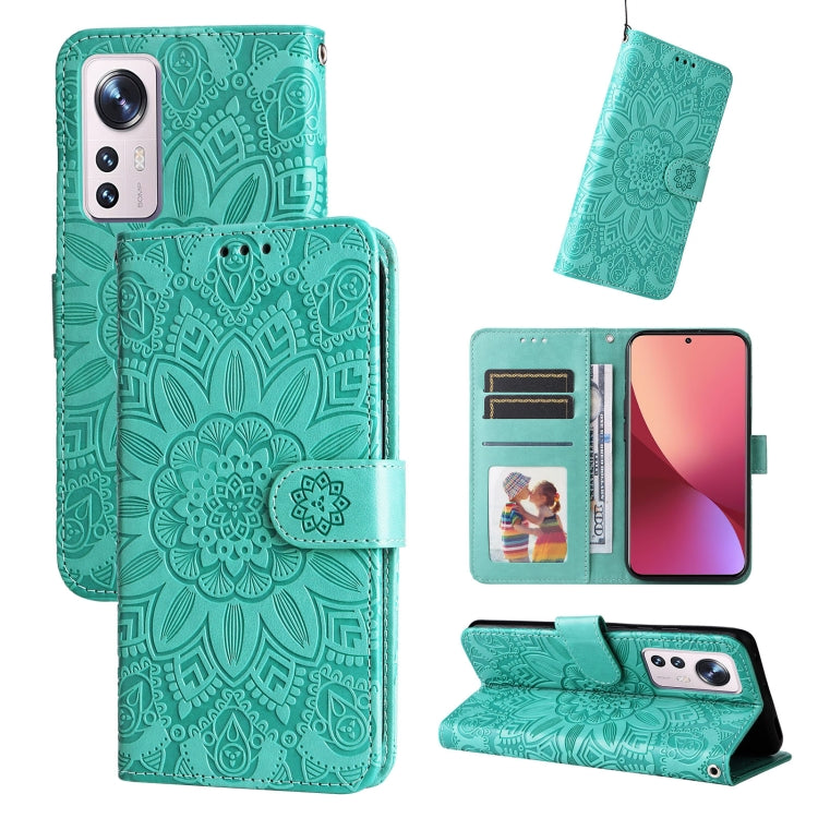 Embossed sunflower leather wallet phone case, green, with card slots and kickstand