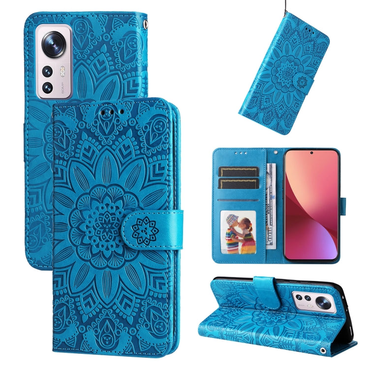 Embossed sunflower leather wallet phone case, blue, with card slots and kickstand
