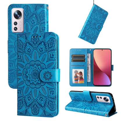 Embossed sunflower leather wallet phone case, blue, with card slots and kickstand