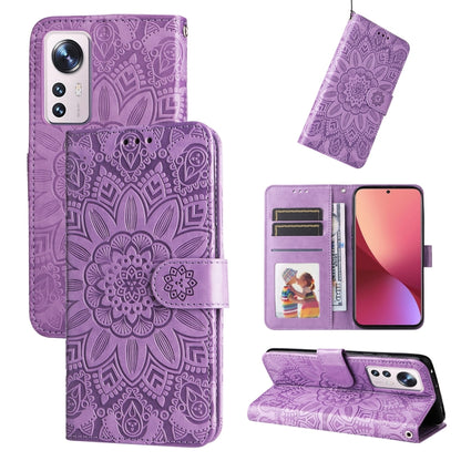 Embossed sunflower leather wallet phone case, purple, with card slots and kickstand