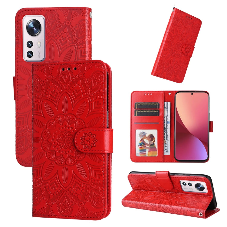 Red embossed sunflower leather wallet phone case with card slots and stand