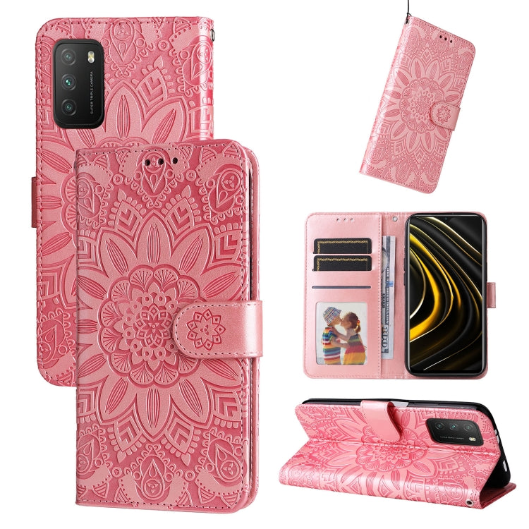 Pink embossed sunflower leather wallet phone case with card slots and stand