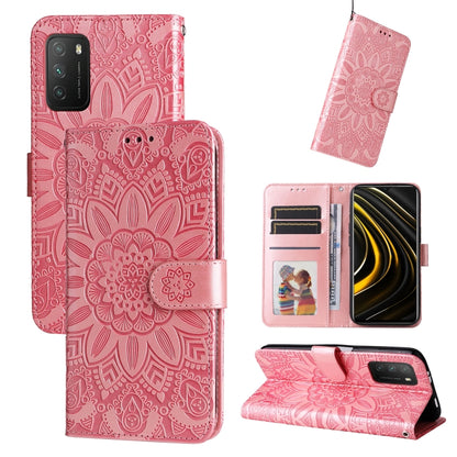 Pink embossed sunflower leather wallet phone case with card slots and stand