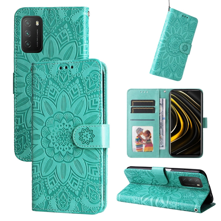 Teal embossed sunflower leather wallet phone case with card slots and stand