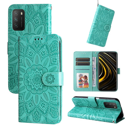 Teal embossed sunflower leather wallet phone case with card slots and stand