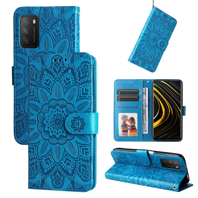 Blue embossed sunflower leather wallet phone case with card slots and stand
