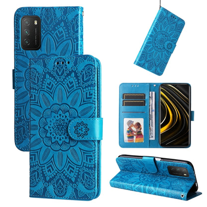 Blue embossed sunflower leather wallet phone case with card slots and stand
