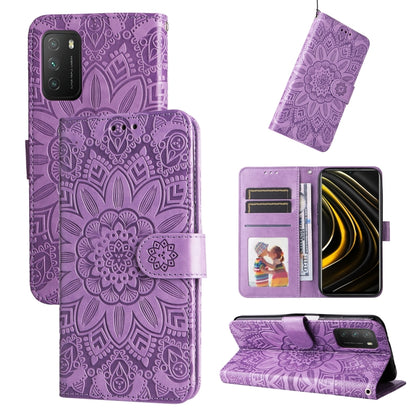 Purple embossed sunflower leather wallet phone case with card slots and stand