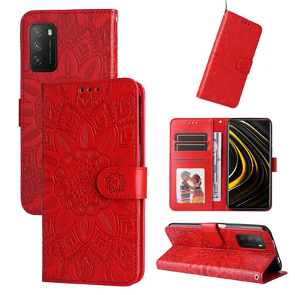 Red embossed sunflower leather wallet phone case with card slots and viewing stand