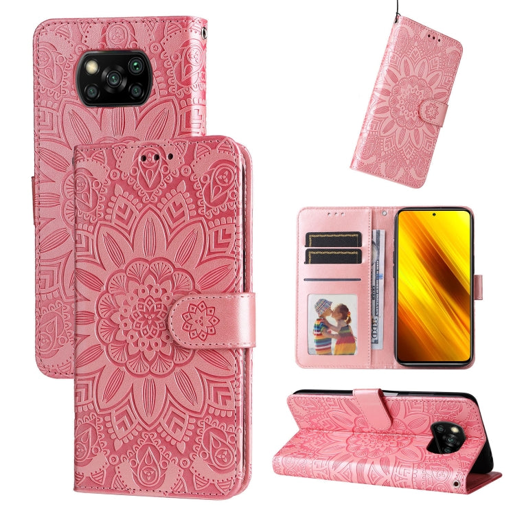 Pink embossed sunflower leather wallet phone case with card slots and kickstand