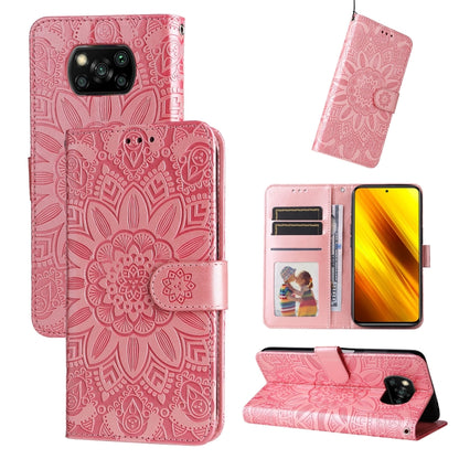 Pink embossed sunflower leather wallet phone case with card slots and kickstand