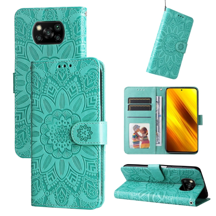 Teal embossed sunflower leather wallet phone case with card slots and kickstand
