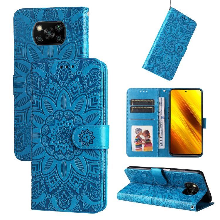 Blue embossed sunflower leather wallet phone case with card slots and kickstand
