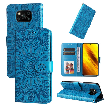 Blue embossed sunflower leather wallet phone case with card slots and kickstand