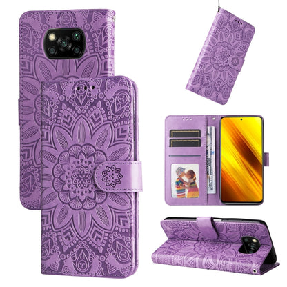 Purple embossed sunflower leather wallet phone case with card slots and kickstand