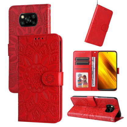 Red embossed sunflower leather folio phone case with card slots and stand, front view