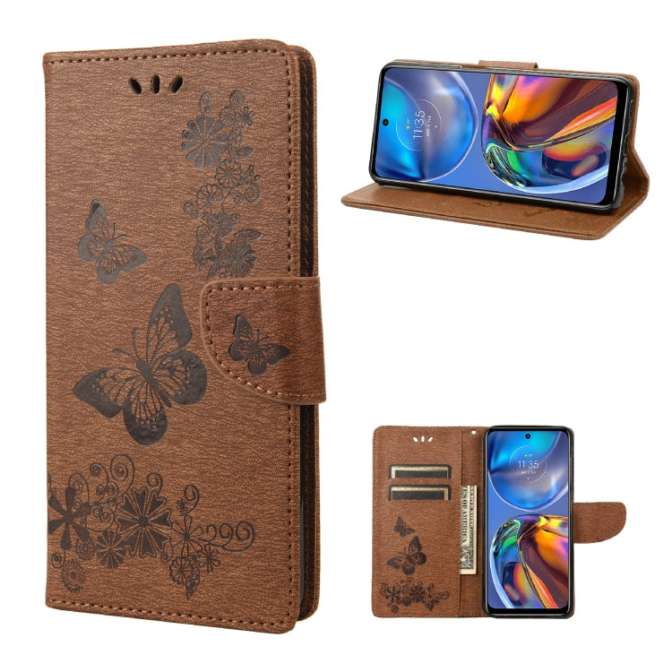 Brown embossed butterfly leather flip phone wallet case with card slots and stand