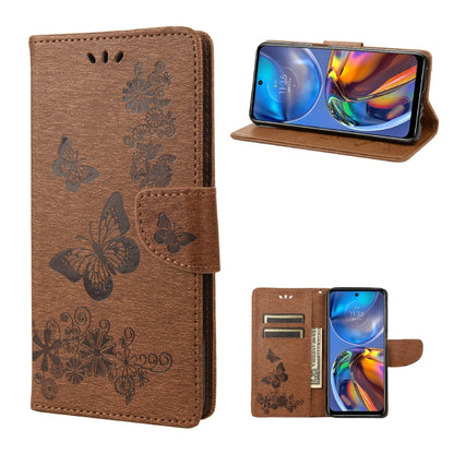 Brown embossed butterfly leather flip phone wallet case with card slots and stand